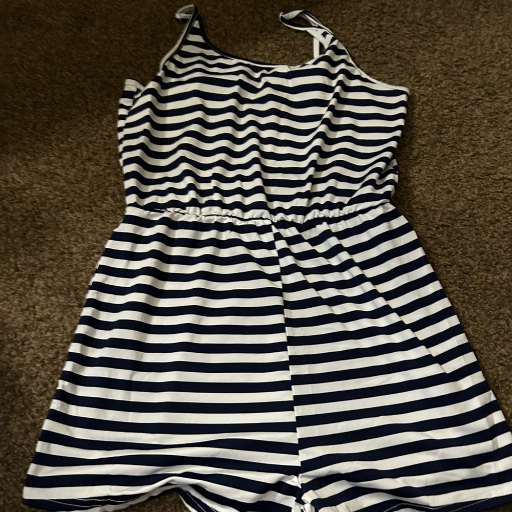 SHEIN Navy Blue and White Striped Jumpsuit